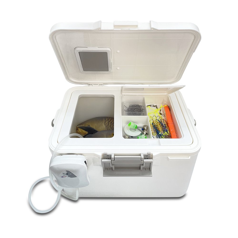 An outdoor cooling box with a tank full of fish and shrimp